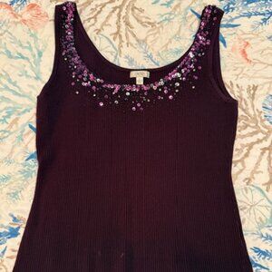 Cache - Sequined & Beaded Boat Neck  Tank Top - Plum - Large